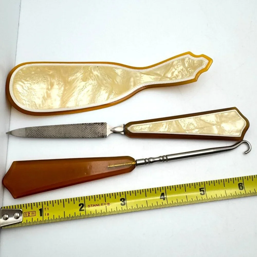Deco Wilcox Vanity Set Comb Box Hook File Shoe Horn Mirror Celluloid Bakelite